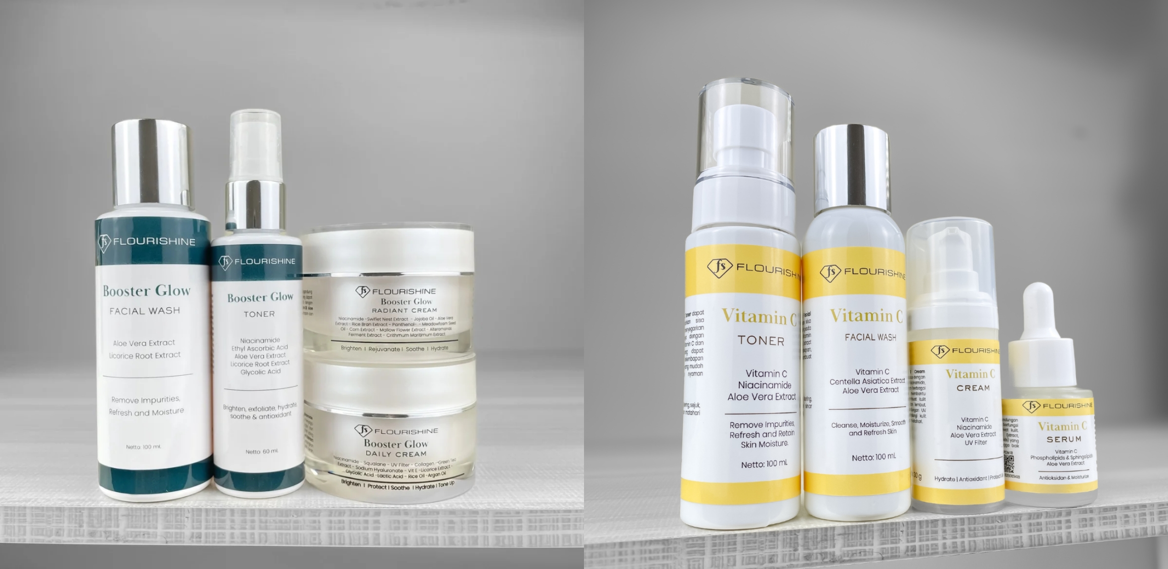 Dua rangkaian skincare Flourishine Booster Glow dan Vitamin C Series lengkap dengan facial wash, toner, cream, dan serum.